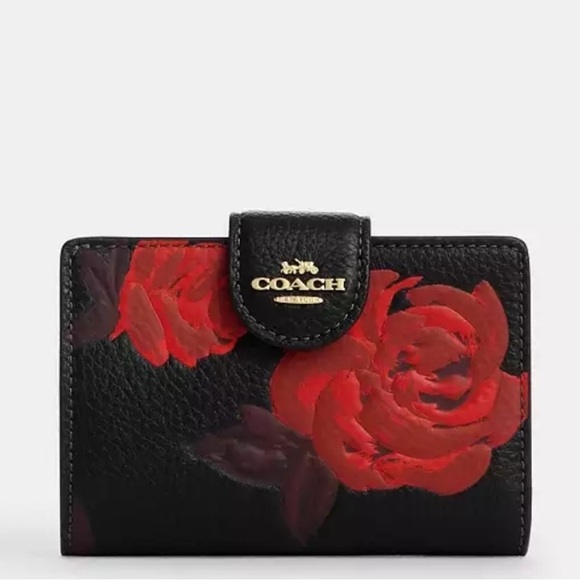 New Coach Medium Corner Zip Wallet With Floral Print CCL63 IMYEM Black Red - Picture 3 of 8